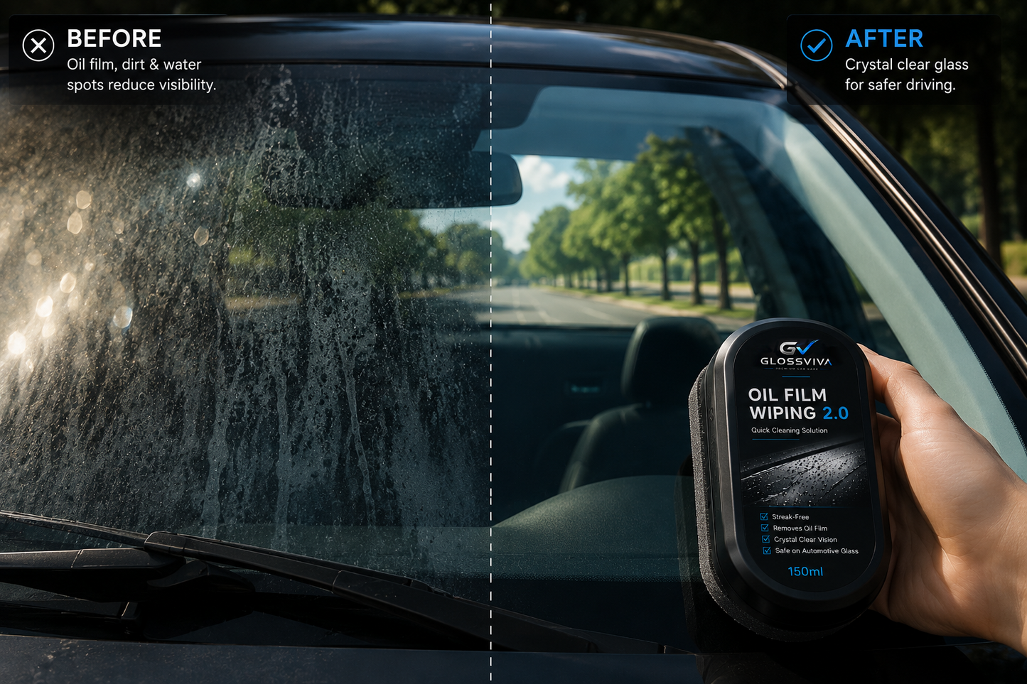 GLOSSVIVA Oil Film Wiping 2.0-Premium Windshield & Mirror Care System